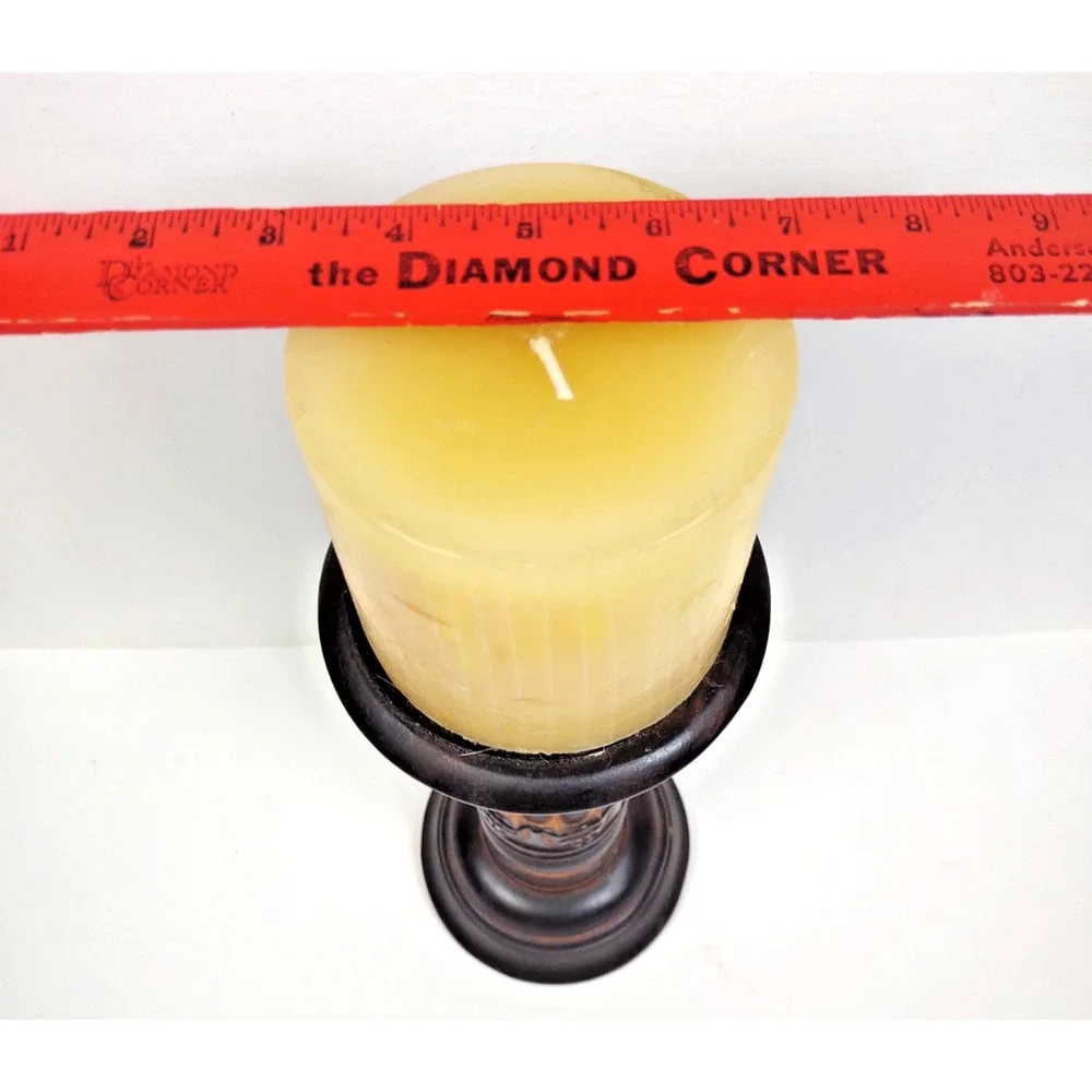 Vintage 12” Wooden Collectible Pillar Candlestick Holder with Carving, 4” Candle